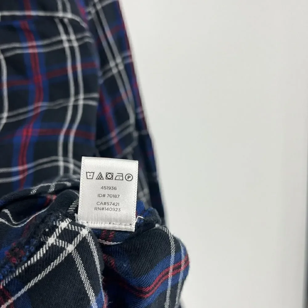 Loft Tunic Top Size Medium Blue Black Red Plaid Puff Sleeve Flannel Shirt V Neck